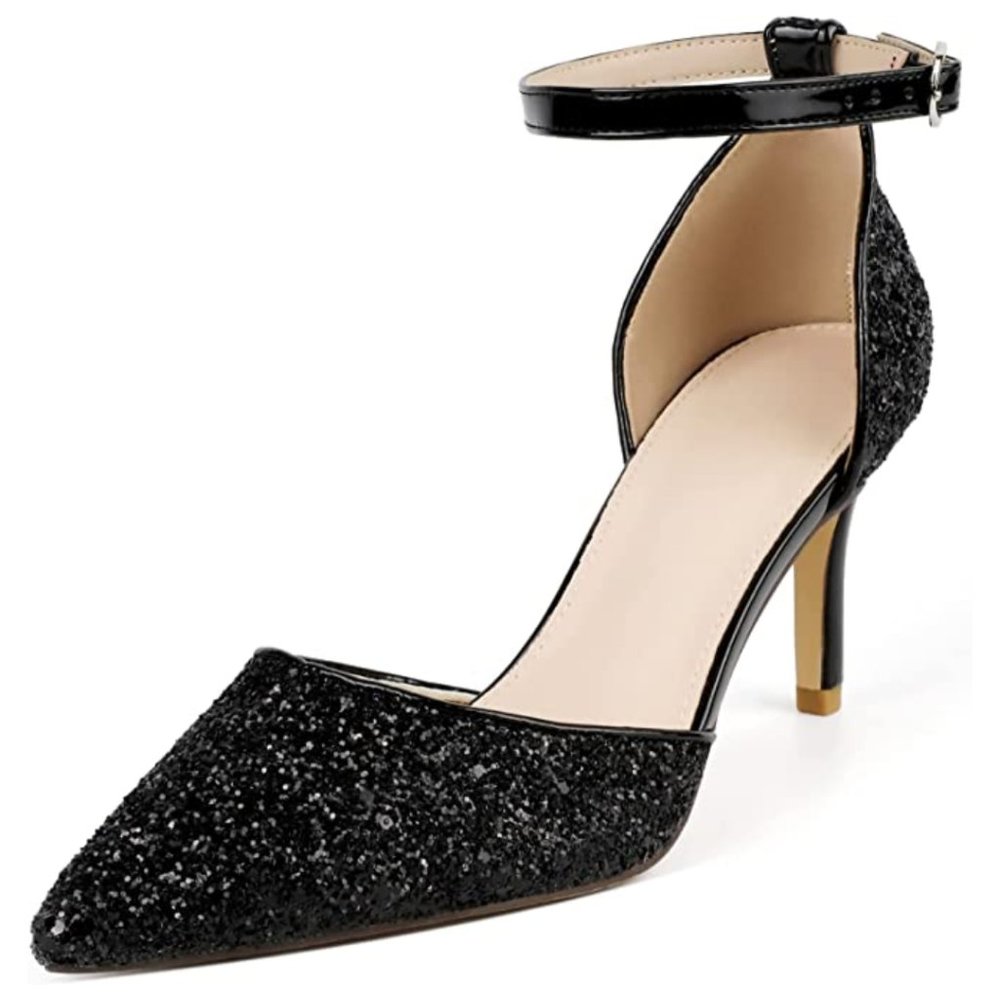 Black Glitter Sparkly Pointed Toe Strappy High Heels